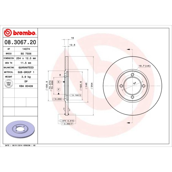 Слика на Кочионен диск BREMBO 08.3067.20