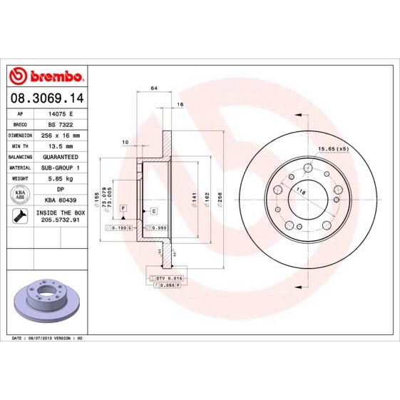 Слика на кочионен диск BREMBO 08.3069.14 за Fiat Ducato Panorama 290 1.9 D - 71 коњи дизел