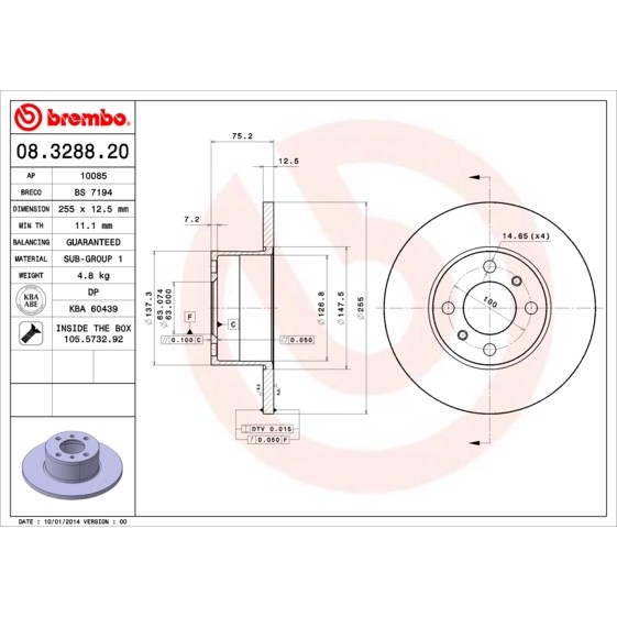 Слика на кочионен диск BREMBO 08.3288.20 за BMW 3 Sedan/Coupe (E21) 318 i - 105 коњи бензин