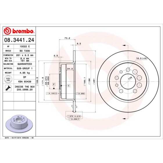 Слика на кочионен диск BREMBO 08.3441.24 за Volvo 240 Saloon (P242, P244) 2.0 - 97 коњи бензин