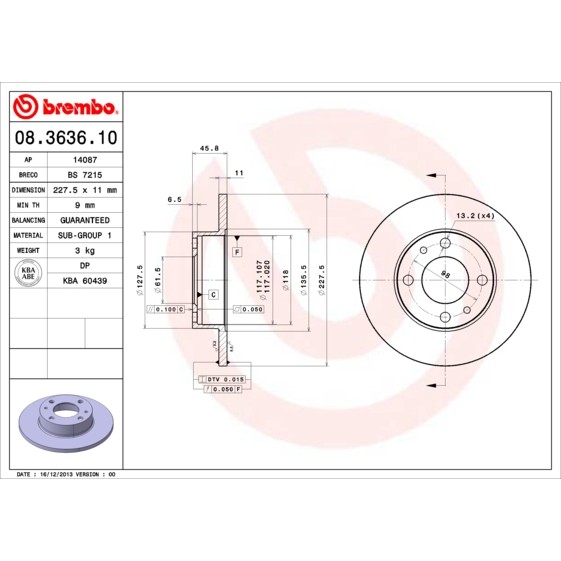 Слика на кочионен диск BREMBO 08.3636.10 за Lancia Y10 (156) 1.0 Fire на всичките колела (156AE) - 45 коњи бензин