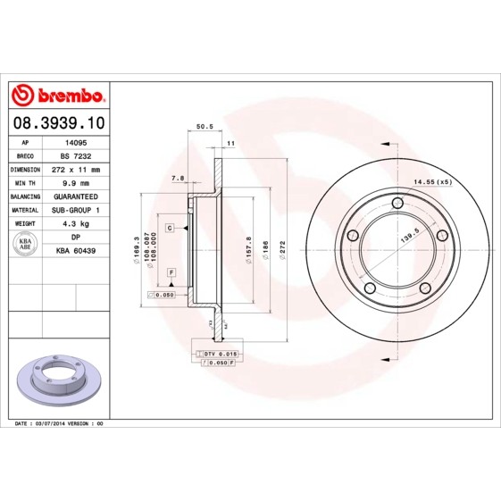 Слика на кочионен диск BREMBO 08.3939.10 за Lada Nadejda (2120) 1.7 - 82 коњи бензин