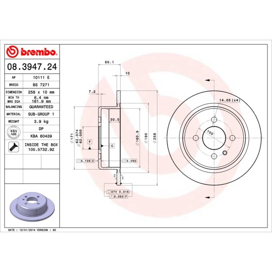 Слика на кочионен диск BREMBO 08.3947.24 за BMW 3 Coupe E30 320 i - 129 коњи бензин