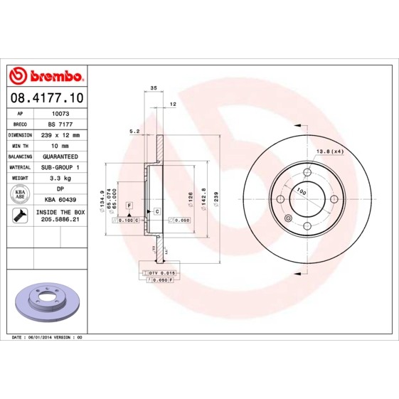 Слика на кочионен диск BREMBO 08.4177.10 за Seat Toledo (1L) 1.6 i - 75 коњи бензин