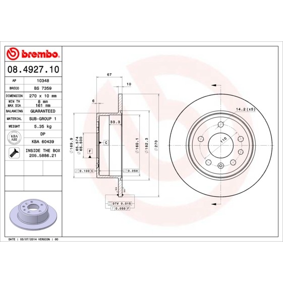 Слика на кочионен диск BREMBO 08.4927.10 за Opel Senator B 3.0 i - 177 коњи бензин