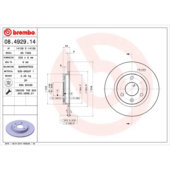 Слика на кочионен диск BREMBO 08.4929.14 за Peugeot 106 (1A,1C) 1.0 - 50 коњи бензин