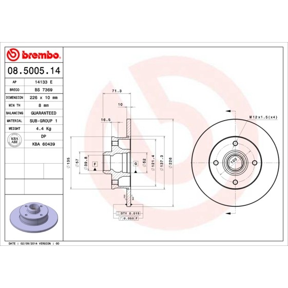 Слика на кочионен диск BREMBO 08.5005.14 за VW Golf 3 Cabriolet (1E7) 1.8 - 90 коњи бензин