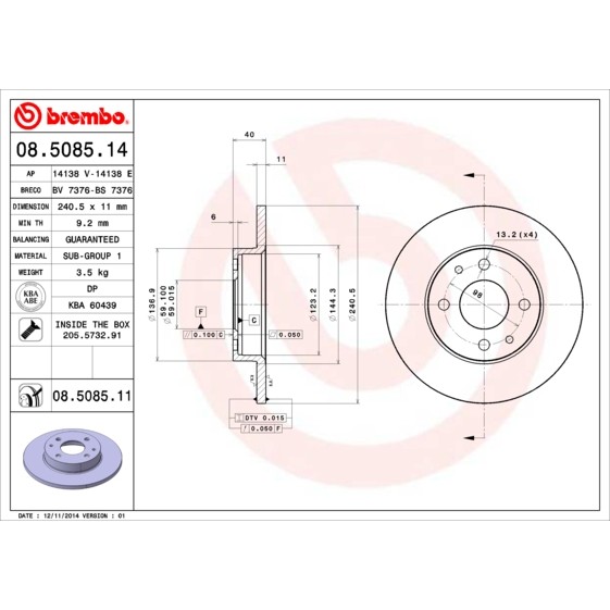 Слика на кочионен диск BREMBO 08.5085.14 за Alfa Romeo 155 (167) Sedan 1.8 T.S. Sport (167.A4A, 167.A4C, 167.A4E) - 127 коњи бензин