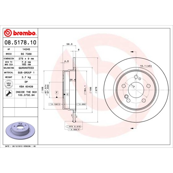 Слика на кочионен диск BREMBO 08.5178.10 за Mercedes E-class Estate (s124) E 250 Turbo D - 126 коњи дизел