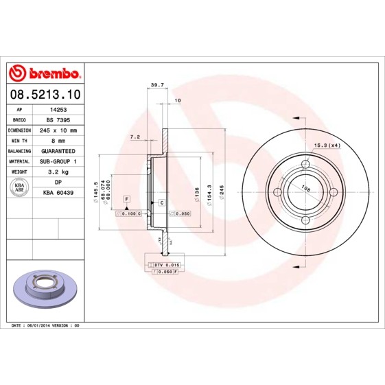 Слика на кочионен диск BREMBO 08.5213.10 за Audi 90 Coupe (89, 8B) 2.3 quattro - 136 коњи бензин