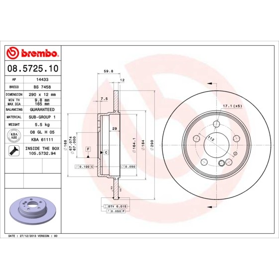 Слика на кочионен диск BREMBO 08.5725.10 за Mercedes S-class Saloon (w140) 300 SE  2.8 (140.028) - 197 коњи бензин