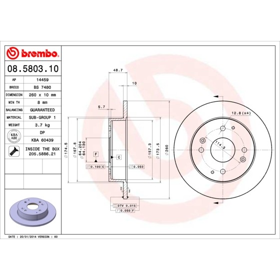 Слика на кочионен диск BREMBO 08.5803.10 за Honda Civic 6 Aerodeck (MB,MC) 1.8 16V (MC2) - 169 коњи бензин