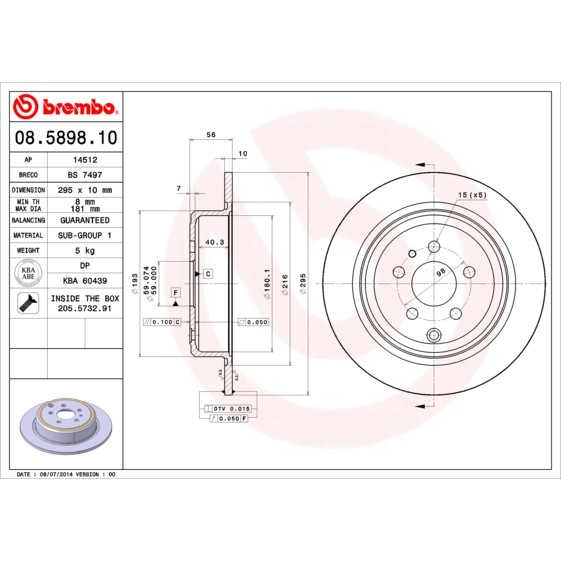 Слика на кочионен диск BREMBO 08.5898.10 за Citroen Synergie 22,U6 1.8 - 103 коњи бензин