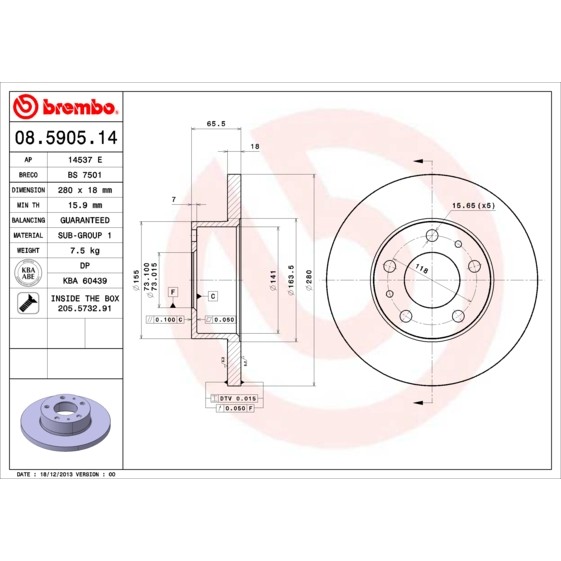 Слика на кочионен диск BREMBO 08.5905.14 за Citroen Jumper BUS 230P 2.0  4x4 - 109 коњи бензин