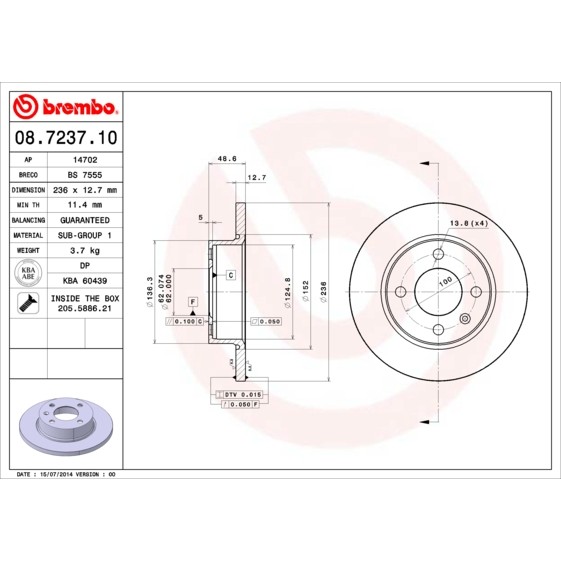 Слика на кочионен диск BREMBO 08.7237.10 за Skoda Favorit (781) 1.3 135 (781) - 57 коњи бензин