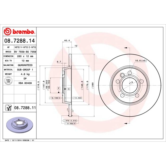 Слика на кочионен диск BREMBO 08.7288.14 за VW Transporter T4 Platform 2.4 D - 75 коњи дизел