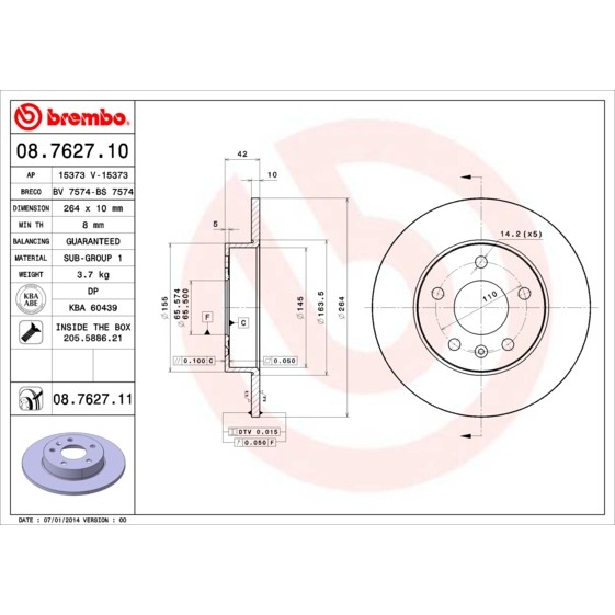 Слика на кочионен диск BREMBO 08.7627.10 за Opel Astra G Estate 1.6 CNG - 97 коњи Бензин/Метан (CNG)