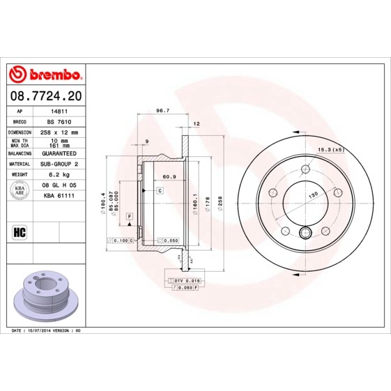 Слика на кочионен диск BREMBO 08.7724.20 за Mercedes Sprinter 2-t Platform (901,902) 216 CDI - 156 коњи дизел