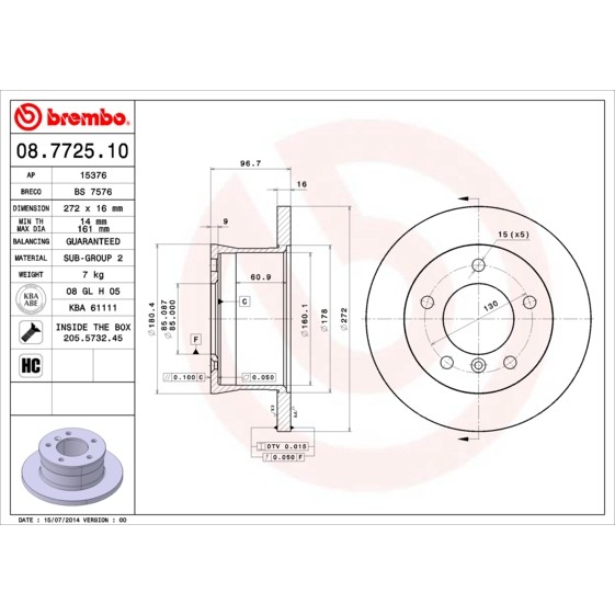 Слика на кочионен диск BREMBO 08.7725.10 за Mercedes Sprinter 2-t Platform (901,902) 210 D - 102 коњи дизел