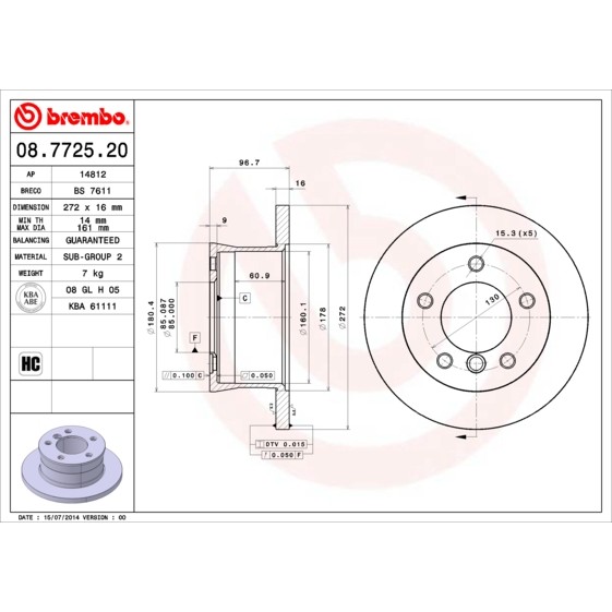 Слика на кочионен диск BREMBO 08.7725.20 за Mercedes Sprinter 3-t Box (903) 314 - 143 коњи бензин