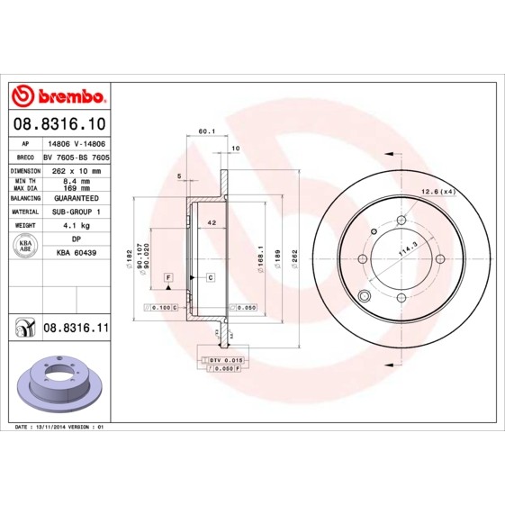 Слика на кочионен диск BREMBO 08.8316.10 за Kia Joice 2.0 - 120 коњи бензин