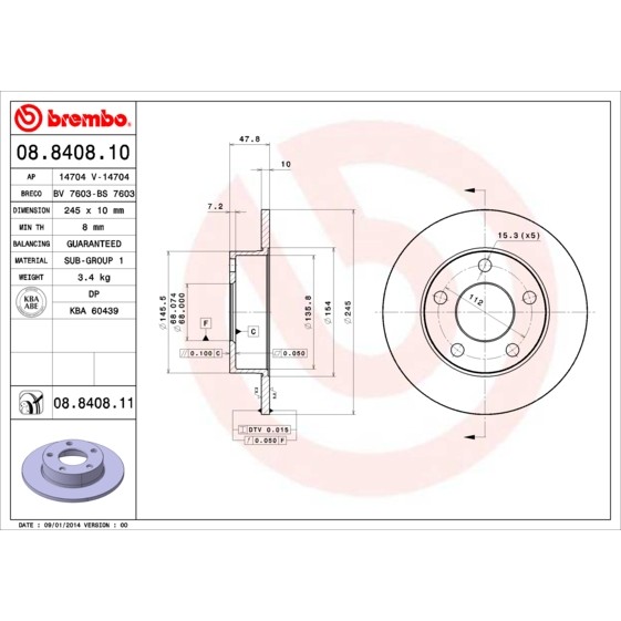 Слика на кочионен диск BREMBO 08.8408.10 за Audi A4 Avant (8D5, B5) 1.9 TDI quattro - 110 коњи дизел