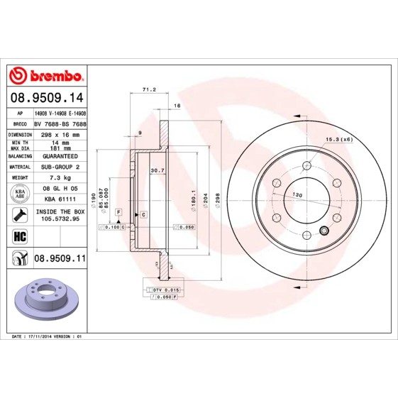 Слика на кочионен диск BREMBO 08.9509.14 за Mercedes Sprinter 3.5-t Platform (906) 311 CDI (906.131, 906.133, 906.135, 906.231, 906.233,... - 114 коњи дизел