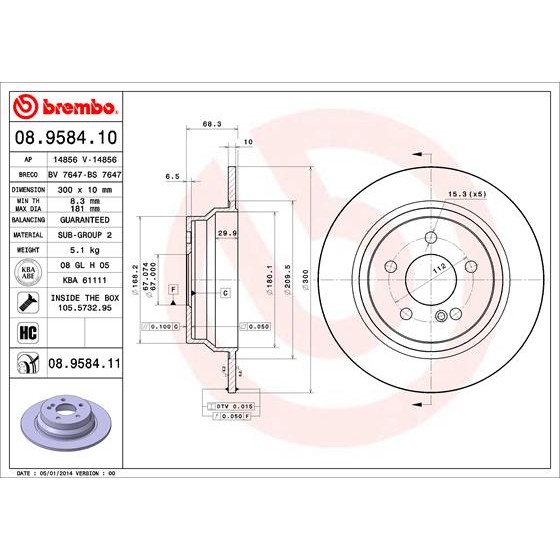 Слика на кочионен диск BREMBO 08.9584.10 за Mercedes E-class Estate (s211) E 350 T (211.256) - 272 коњи бензин