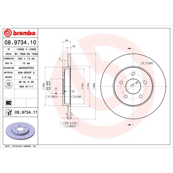 Слика на кочионен диск BREMBO 08.9734.10 за Ford Mondeo 3 (B5Y) ST220 - 226 коњи бензин