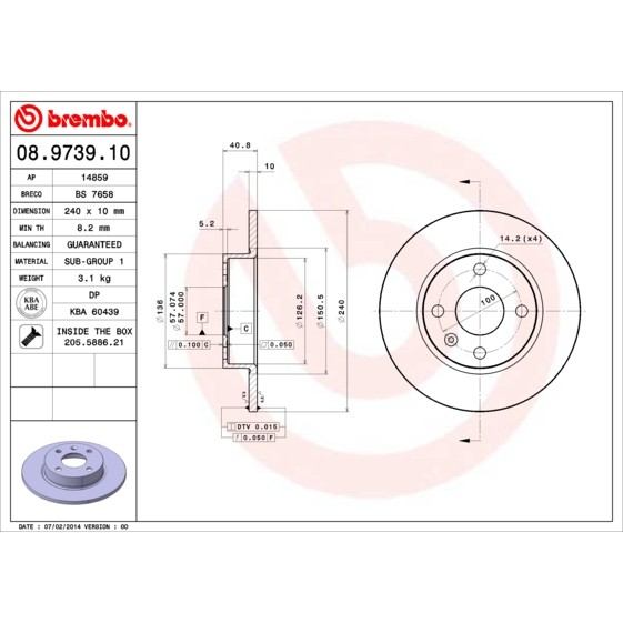 Слика на кочионен диск BREMBO 08.9739.10 за CHEVROLET CORSA Hatchback 1.8 Ethanol - 114 коњи Бензин/Етанол