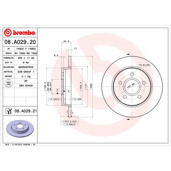 Слика на кочионен диск BREMBO 08.A029.20 за Ford Focus 2 Saloon (da) 1.8 TDCi - 115 коњи дизел