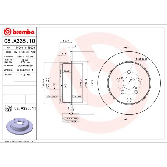 Слика на кочионен диск BREMBO 08.A335.10 за Toyota Avensis Saloon (T25) 2.4 - 163 коњи бензин