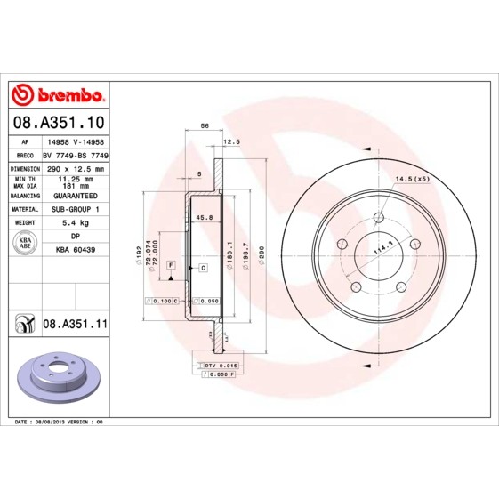 Слика на кочионен диск BREMBO 08.A351.10 за Dodge Caravan 3 RG 2.4 - 152 коњи бензин