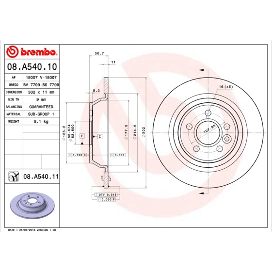 Слика на кочионен диск BREMBO 08.A540.10 за Ford Focus 2 (da) 2.5 ST - 225 коњи бензин