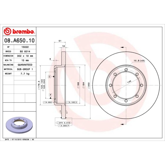 Слика на кочионен диск BREMBO 08.A650.10 за Renault Master 3 Platform (EV,HV,UV) 2.3 dCi [RWD] (UV0F, UV0E) - 146 коњи дизел