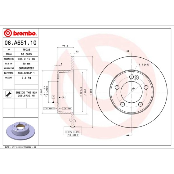 Слика на кочионен диск BREMBO 08.A651.10 за Renault Master 3 Platform (EV,HV,UV) 2.3 dCi [RWD] (UV0F, UV0E) - 146 коњи дизел