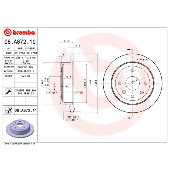 Слика на кочионен диск BREMBO 08.A872.10 за CHEVROLET NUBIRA Sedan 1.8 - 122 коњи бензин