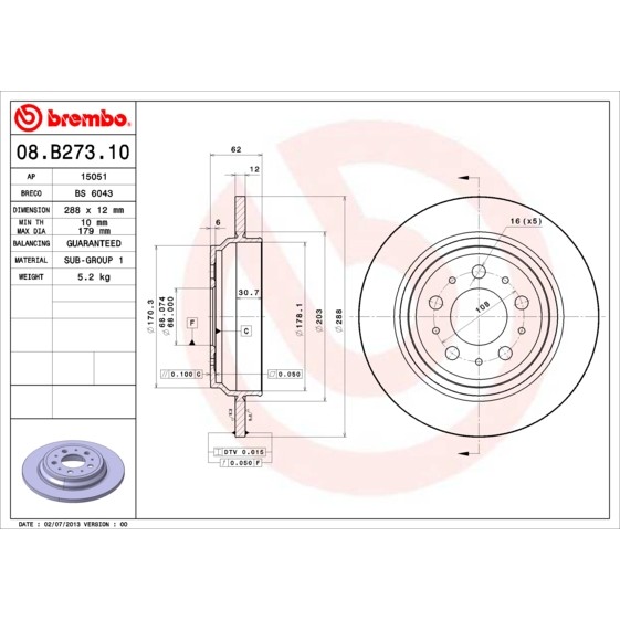 Слика на кочионен диск BREMBO 08.B273.10 за Volvo S70 Saloon (P80) 2.4 T5 AWD - 193 коњи бензин