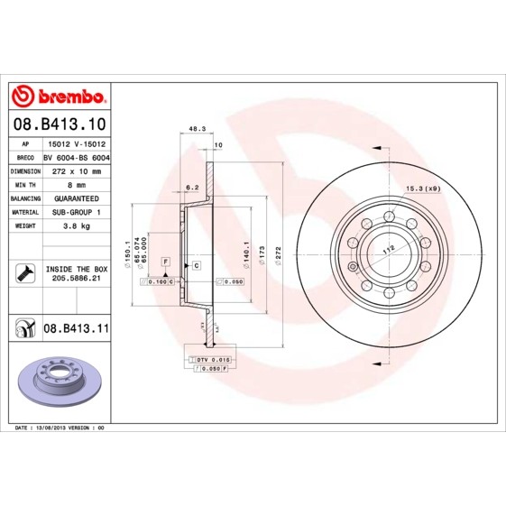 Слика на кочионен диск BREMBO 08.B413.10 за Audi A3 Sportback (8PA) 1.8 TFSI - 160 коњи бензин