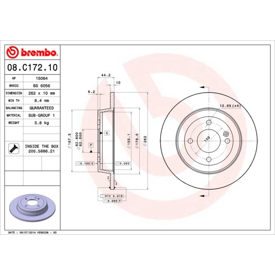 Слика на кочионен диск BREMBO 08.C172.10 за Hyundai Accent 4 (RB) 1.4 - 107 коњи бензин