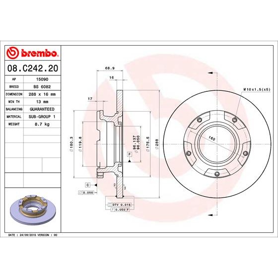 Слика на кочионен диск BREMBO 08.C242.20 за Ford Transit Bus 2014 2.2 TDCi - 100 коњи дизел