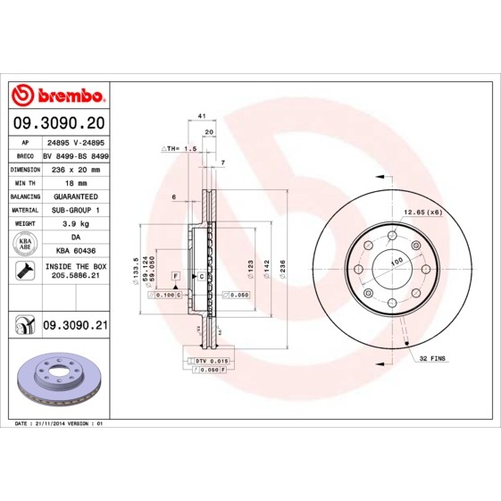 Слика на кочионен диск BREMBO 09.3090.20 за CHEVROLET AGILE 1.4 - 92 коњи бензин