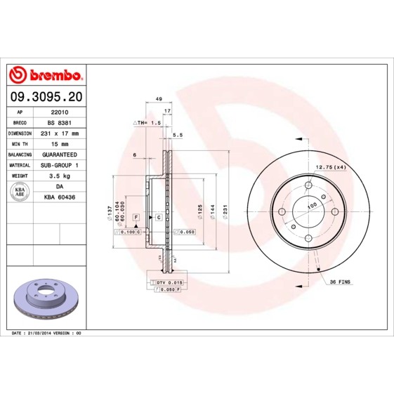 Слика на Кочионен диск BREMBO 09.3095.20