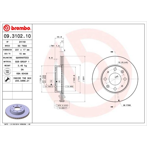 Слика на кочионен диск BREMBO 09.3102.10 за Honda Civic 3 Hatchback (AL,AJ,AG,AH) 1.5 GTI (AH) - 90 коњи бензин