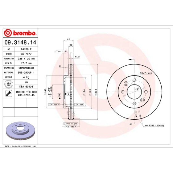 Слика на кочионен диск BREMBO 09.3148.14 за Renault 19 II Chamade 1.9 D (L53J) - 64 коњи дизел