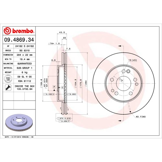 Слика на кочионен диск BREMBO 09.4869.34 за Mercedes S-class Saloon (w124) 200 E (124.019) - 136 коњи бензин