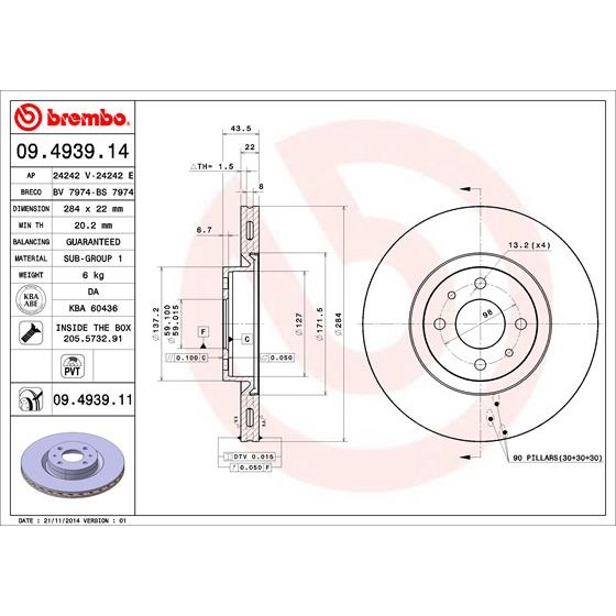 Слика на кочионен диск BREMBO 09.4939.14 за Fiat Doblo Cargo 223 1.3 JTD 16V Multijet - 84 коњи дизел