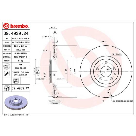 Слика на кочионен диск BREMBO 09.4939.24 за Alfa Romeo 147 (937) Hatchback 1.9 JTD 16V - 126 коњи дизел