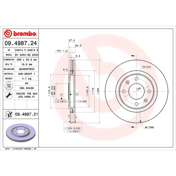 Слика на кочионен диск BREMBO 09.4987.24 за Peugeot 405 Saloon (15b) 1.9 4x4 - 120 коњи бензин