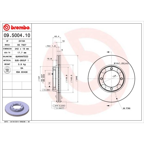 Слика на Кочионен диск BREMBO 09.5004.10